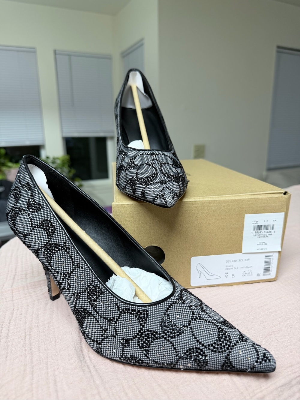 Coach Black Crystal Daisy Embellished Pointed Toe Pump Heel 9